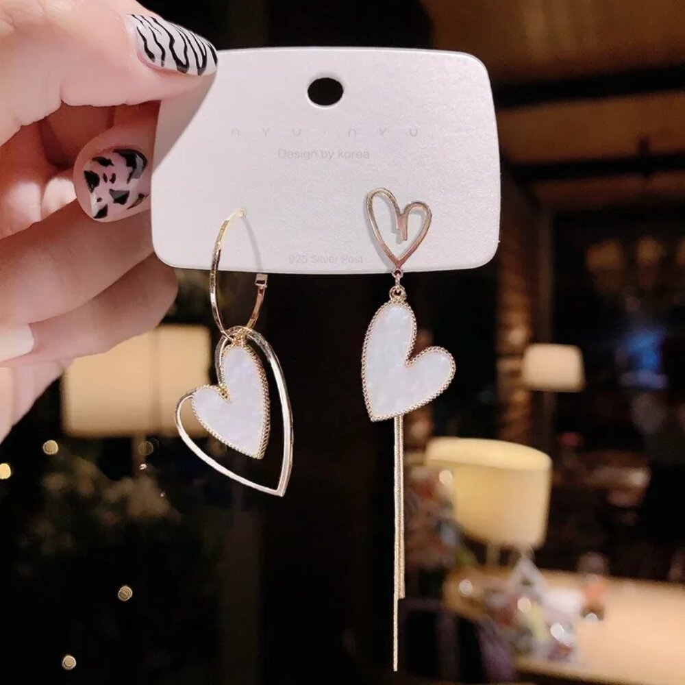 Asymmetrical Pearlescent White Heart Earrings – Mismatched Hoop & Long Tassel